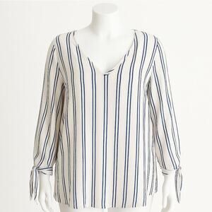 Michael Kors Women’s Striped Blouse Size 2X – Blue & White V-Neck Tie-Sleeve Top